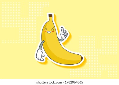 CONTENT, HAPPY , GRIN SMILE, cheerful Face Emotion. Forefinger Hand Gesture. Banana Fruit Cartoon Drawing Mascot Illustration.