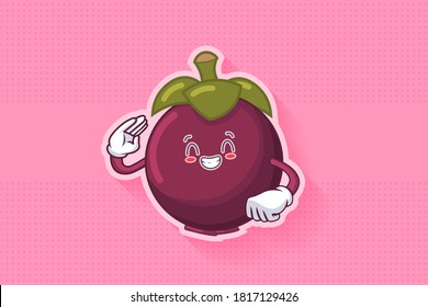 CONTENT, HAPPY , GRIN SMILE, CHEERFUL Face Emotion. Salute, Respect Hand Gesture. Mangosteen Fruit Cartoon Drawing Mascot Illustration.