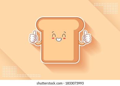 CONTENT, HAPPY , GRIN SMILE, CHEERFUL Face Emotion. Double Thumb up hand Gesture. Bread Food Cartoon Drawing Mascot Illustration.