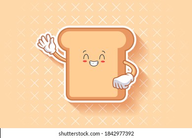 CONTENT, HAPPY , GRIN SMILE, CHEERFUL Face Emotion. Waving Hand Gesture. Bread Food Cartoon Drawing Mascot Illustration.