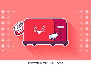 CONTENT, HAPPY , GRIN SMILE, CHEERFUL Face Emotion. Salute, Respect Finger Hand Gesture. Toaster Cartoon Drawing Mascot Illustration.