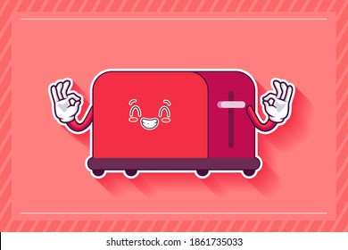 CONTENT, HAPPY , GRIN SMILE, CHEERFUL Face Emotion. Double Nice Finger Hand Gesture. Toaster Cartoon Drawing Mascot Illustration.