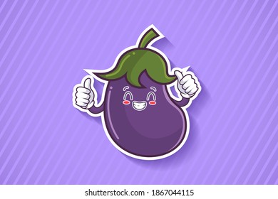 CONTENT, HAPPY , GRIN SMILE, CHEERFUL Face Emotion. Double Thumb Up Finger Hand Gesture. Eggplant vegetable Cartoon Drawing Mascot Illustration.