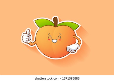CONTENT, HAPPY , GRIN SMILE, CHEERFUL Face Emotion. Thumb Up Finger Hand Gesture. Peach Fruit Cartoon Drawing Mascot Illustration.