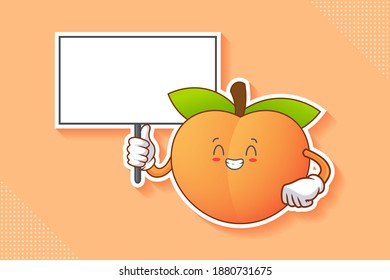 CONTENT, HAPPY , GRIN SMILE, CHEERFUL Face Emotion. Holding Whiteboard Hand Gesture. Peach Fruit Cartoon Drawing Mascot Illustration.