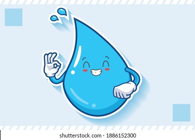 CONTENT, HAPPY , GRIN SMILE, CHEERFUL Face Emotion. Nice Hand Gesture. Water Drop Cartoon Drawing Mascot Illustration.