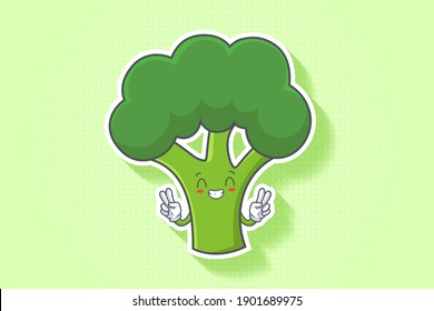 CONTENT, HAPPY , GRIN SMILE, CHEERFUL Face Emotion. Double Peace Finger Hand Gesture. Broccoli Vegetable Cartoon Drawing Mascot Illustration.