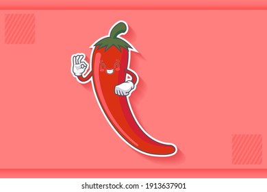 CONTENT, HAPPY , GRIN SMILE, CHEERFUL Face Emotion. Nice Hand Gesture. Chili Vegetable Character Cartoon Drawing Mascot Illustration.