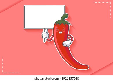 CONTENT, HAPPY , GRIN SMILE, CHEERFUL Face Emotion. Holding Whiteboard Hand Gesture. Chili Vegetable Character Cartoon Drawing Mascot Illustration.