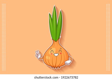 CONTENT, HAPPY , GRIN SMILE, CHEERFUL Face Emotion. Peace Finger Hand Gesture. Onion, Garlic Vegetable Character Cartoon Drawing Mascot Illustration.