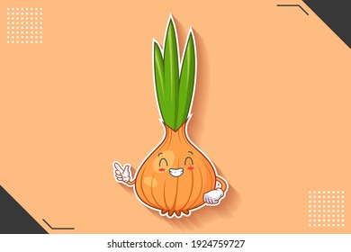 INHALT, GLÜCKLICH, GRIN SMILE, SCHÖNE Gesichtseremotion. Handgun-Gesture. Zwiebeln, Knoblauch Gemüsegarantie Cartoon Zeichnung Maskottabbild.