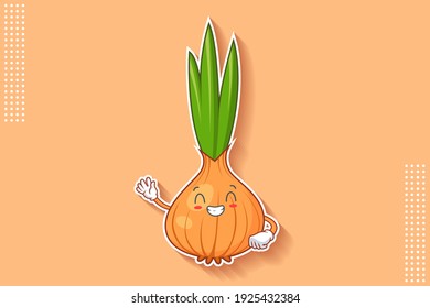 CONTENT, HAPPY , GRIN SMILE, CHEERFUL Face Emotion. Salute, Respect Hand Gesture. White Onion, Garlic Vegetable Character Cartoon Drawing Mascot Illustration.
