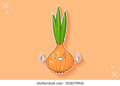 CONTENT, HAPPY , GRIN SMILE, CHEERFUL Face Emotion. Forefinger Hand Gesture. Onion, Garlic Vegetable Character Cartoon Drawing Mascot Illustration.