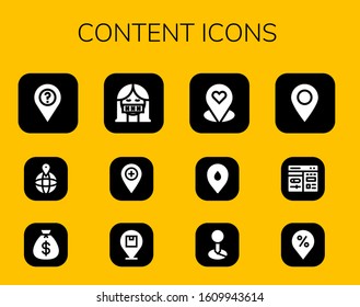content icon set. 12 filled content icons. Included Placeholder, Money bag, Censor, Cms icons