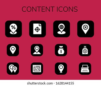 content icon set. 12 filled content icons. Included Placeholder, Placeholders, Printing test, Html, Money bag, Typewriter icons