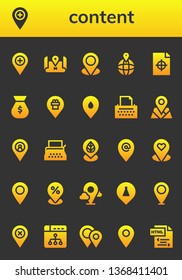 content icon set. 26 filled content icons.  Simple modern icons about  - Placeholder, Printing test, Money bag, Copywriter, Typewriter, Ux design, Placeholders, Html