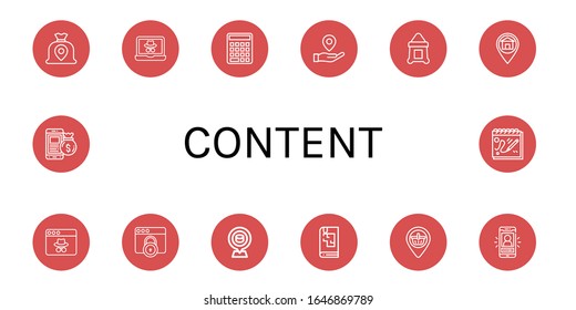 conjunto de iconos de contenido. Bolsa de dinero, página web, Seo, marcador de posición, saco, libro de esbozo, iconos de Vlog
