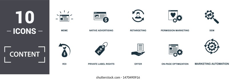 Content icon set. Contain filled flat members only, meme, on-page optimization, responsive web design, retargeting, target market, widgets icons. Editable format.