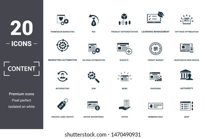 Content Icon Set. Contain Filled Flat Members Only, Native Advertising, Off-page Optimization, Pagerank, Private Label Rights, Responsive Web Design, Return On Investment Icons. Editable Format.