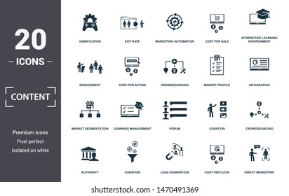 Content icon set. Contain filled flat cms, content plan, content creator, viral, viral marketing, media plan, social content icons. Editable format.