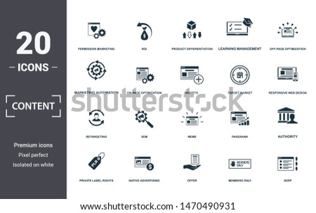 Content icon set. Contain filled flat members only, native advertising, off-page optimization, pagerank, private label rights, responsive web design, return on investment icons. Editable format.