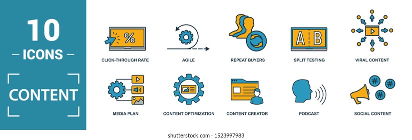 Content Icon Set. Include Creative Elements Cms, Content Plan, Digital Content, Viral Marketing, Media Plan Icons. Can Be Used For Report, Presentation, Diagram, Web Design.