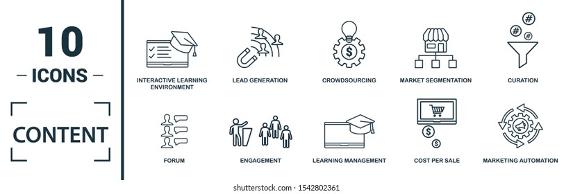 Content icon set. Include creative elements cost per click, crowdsourcing, curation, exit rate, gamification icons. Can be used for report, presentation, diagram, web design.