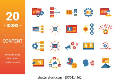 Content icon set. Include creative elements cms, content plan, digital content, viral marketing, media plan icons. Can be used for report, presentation, diagram, web design.