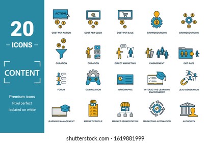 Content icon set. Include creative elements cost per click, crowdsourcing, curation, exit rate, gamification icons. Can be used for report, presentation, diagram, web design.