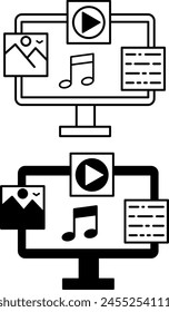 Iconos de contenido. Iconos vectoriales en blanco y negro de información diversa en el ordenador. Gestión digital, blogueo. Concepto de medios sociales
