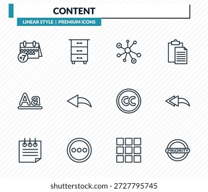 Conjunto de iconos de contenido: la próxima semana, cajón, nodos, responder a todos, colección de Vector de esquema prioritario.