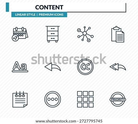 content icons set - next week, drawer, nodes, reply all, priority outline vector collection.