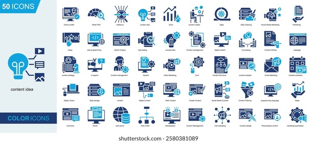 Content Ide icon collection Glyph Color Style. concept idea, Content management, digital content, Counseling, Content Writing,