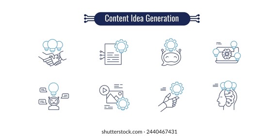 Generación de ideas de contenido mediante iconos de IA generativos. Generación de ideas de contenido creativo, que despiertan inspiración e innovación para crear contenido original y atractivo Iconos de Trazo Editable.