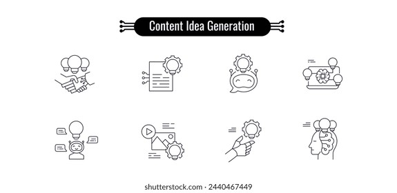 Generierung von Content-Ideen mit generativen KI-Symbolen. Generierung von kreativen Content-Ideen, inspirierende Inspiration und Innovation für die ansprechende und originelle Content-Erstellung Editable Stroke Icons.