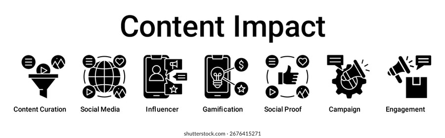 Concepto de Ilustración vectorial de ícono de Web de impacto de contenido para empresas con ícono de Curación de contenido, Redes sociales, Influencer, Gamificación, Anuncio social, Campaña.