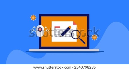 Content indexing technology, Search engine crawler collecting information from website, Search crawler reading website codes, Search engine algorithm - vector illustration background with icons