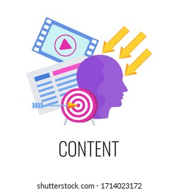 Content Infographics Pictogram. Successful content marketing strategy. Advertising campaign planning, promotion management. Attractive site, relevant text and images. Flat vector illustration.