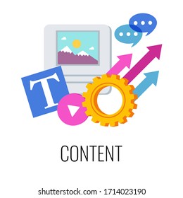 Content Infographics Pictogram. Successful content marketing strategy. Advertising campaign planning, promotion management. Attractive site, relevant text and images. Flat vector illustration.