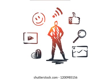 Content, internet, media, strategy, network concept. Hand drawn content manager and symbols of network concept sketch. Isolated vector illustration.