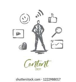 Content, internet, media, strategy, network concept. Hand drawn content manager and symbols of network concept sketch. Isolated vector illustration.