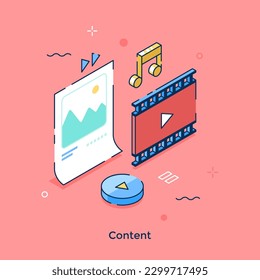 Content isometric concept vector illustration. Visual and audio materials for web pages cartoon composition on pink background for web design. Creative idea for website, mobile, presentation