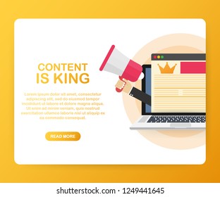 Content is king, marketing concept on a laptop screen. Flat vector stock illustration on yellow background.