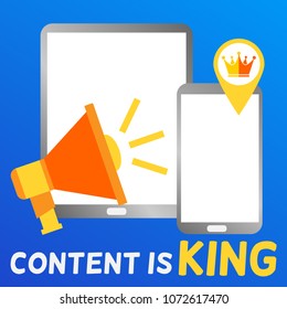 Content is king megaphone illustration vector on mobile tablet device with blue background