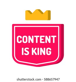Content is king. Red badge with crown icon. Vector with 3d effect, illustration on white background.