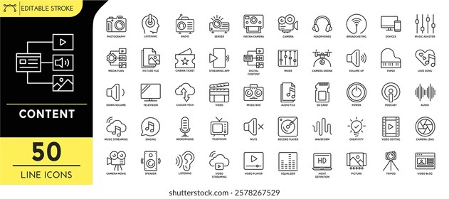 Content line editable icons set. Editable Stroke.  photography, listening, media plan, digital content, music streaming, audio file, podcast, video editing, creativity, and more. Vector Illustration.