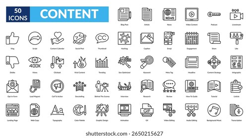 content line icon set. Blog Post, Article, News, Video Content, Podcast, Livestream, Vlog