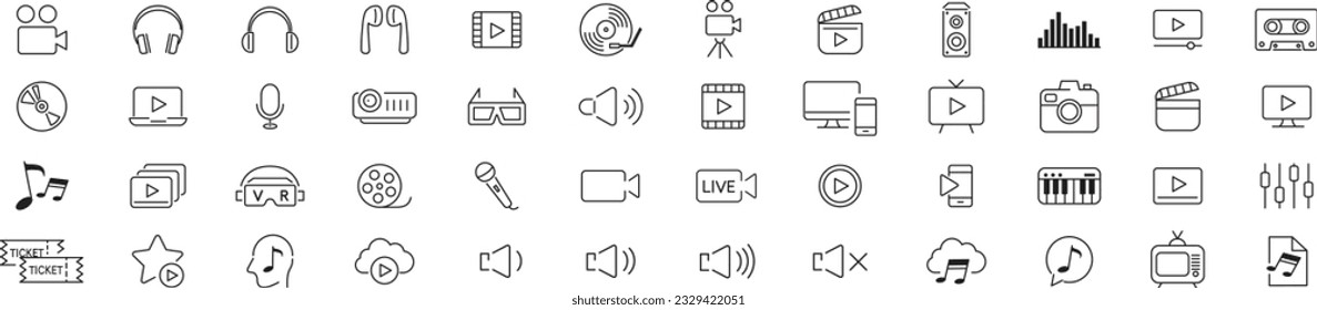 Content line icons editable set vector. Music Camera Audio Dj Piano Video Media Microphone Webcam Television Earphones Cinema