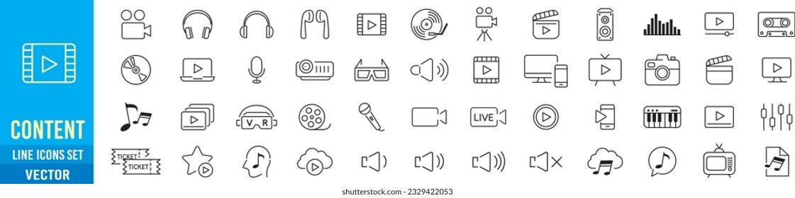 Iconos de línea de contenido vector de conjunto editable. Cámara de música Audio Dj Piano Video Media Microphone Webcam Televisión Earphones Cine