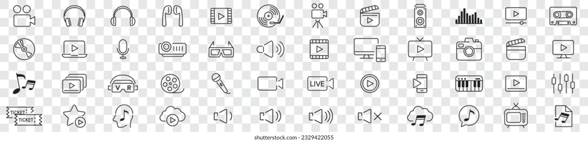 Iconos de línea de contenido vector de conjunto editable. Cámara de música Audio Dj Piano Video Media Microphone Webcam Televisión Earphones Cine